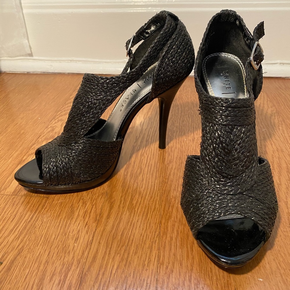 Black | Woven, Heeled Sandal